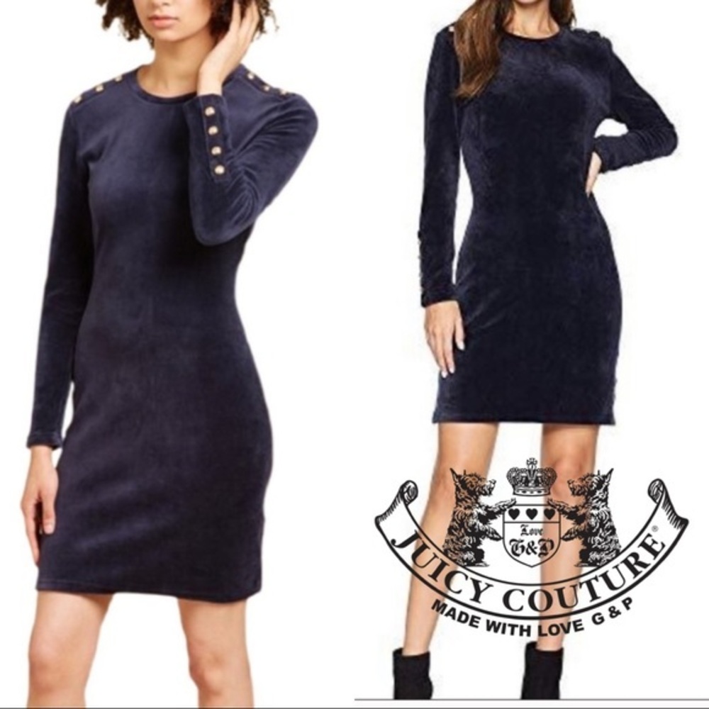 Juicy Couture Gold Button Blue Stretch Velvet Dress